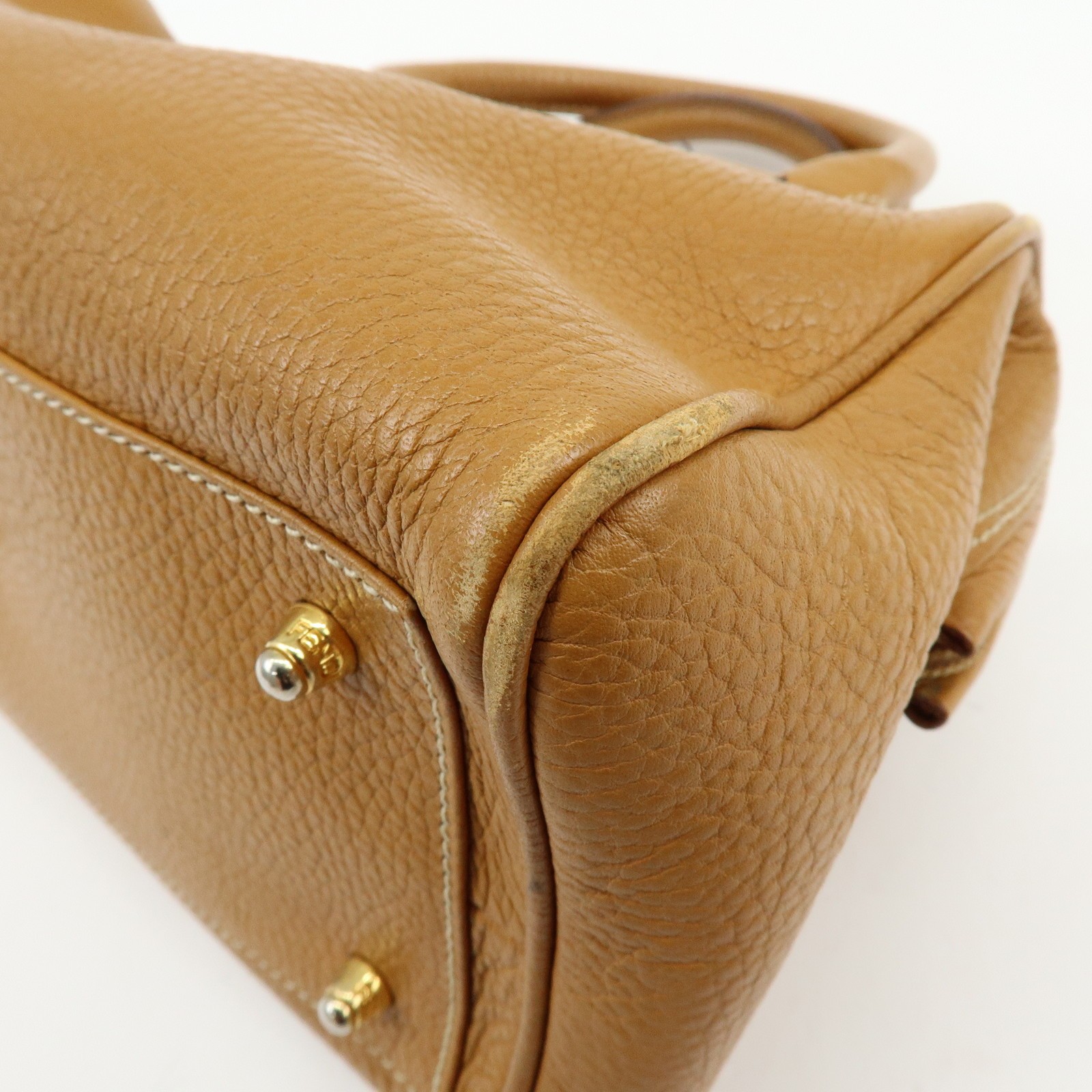 FENDI FF Logo Leather 2Way Bag Hand Bag Boston Bag Camel Authentic Used F/S