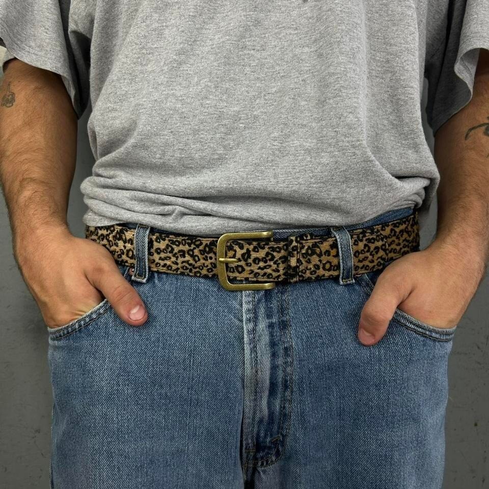 Vintage Style Cheetah Leopard Fur Belt American Western Boho Black and Tan
