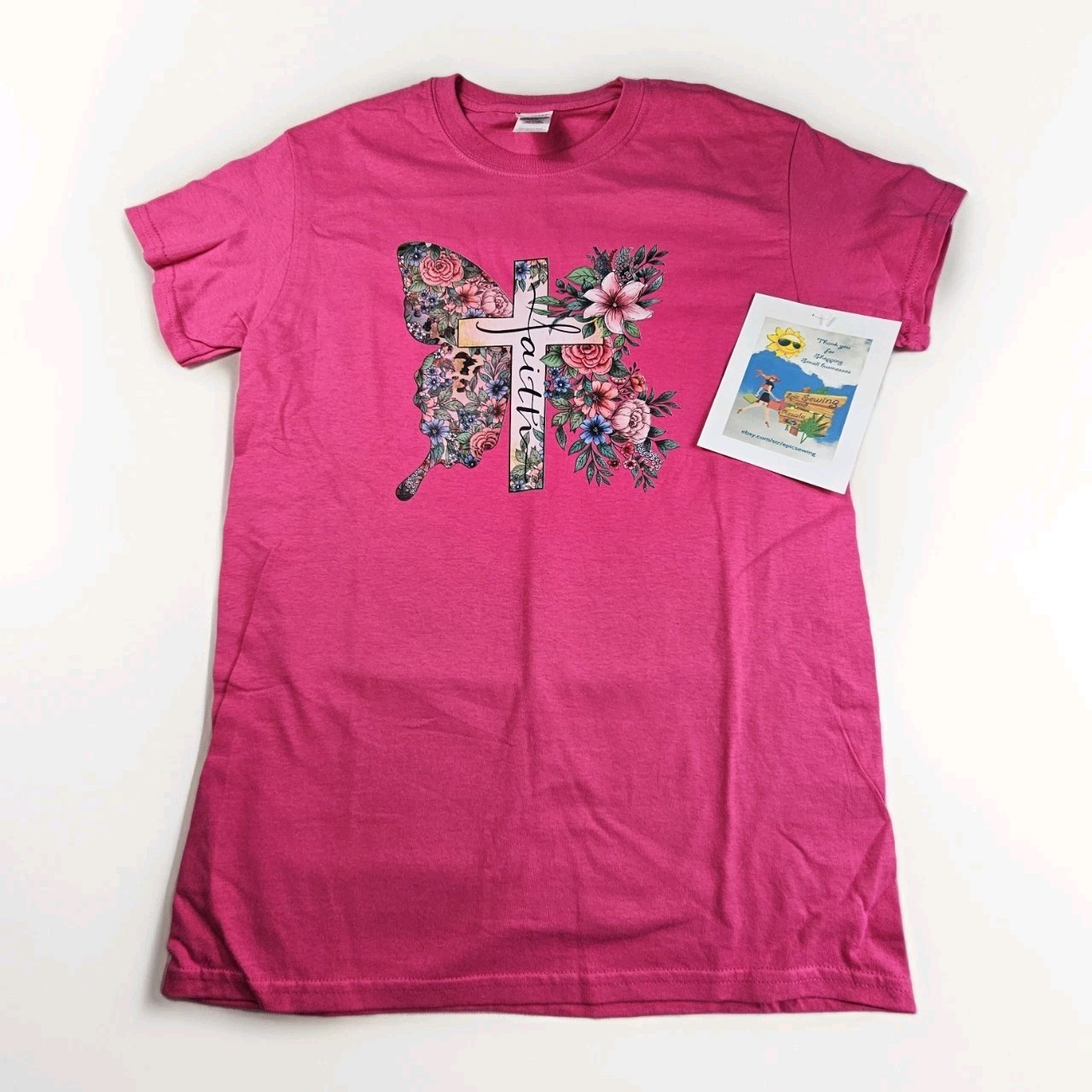Faith Cross Flowers Butterfly Graphic T-Shirt Womens Sz Small Gilden Utra Cotton