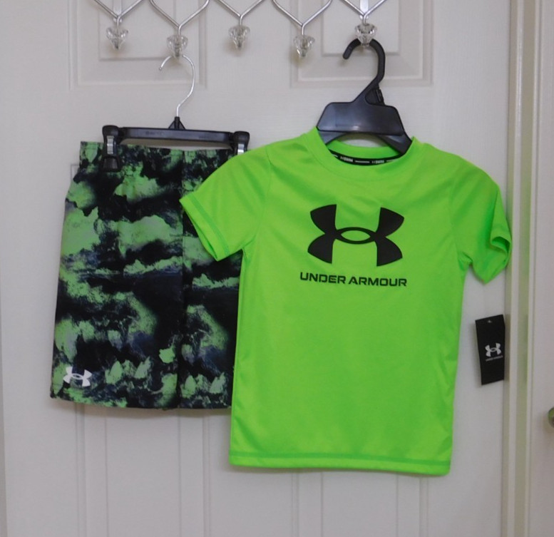 NWT 2pc Under Armour Hyper Green Black Logo Swim Shirt & Shorts Set sz 5 6 or 7