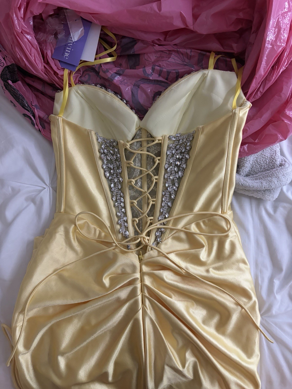 Ladivine by Cinderella Divine Yellow Satin Beaded Mermaid Gown Sweetheart