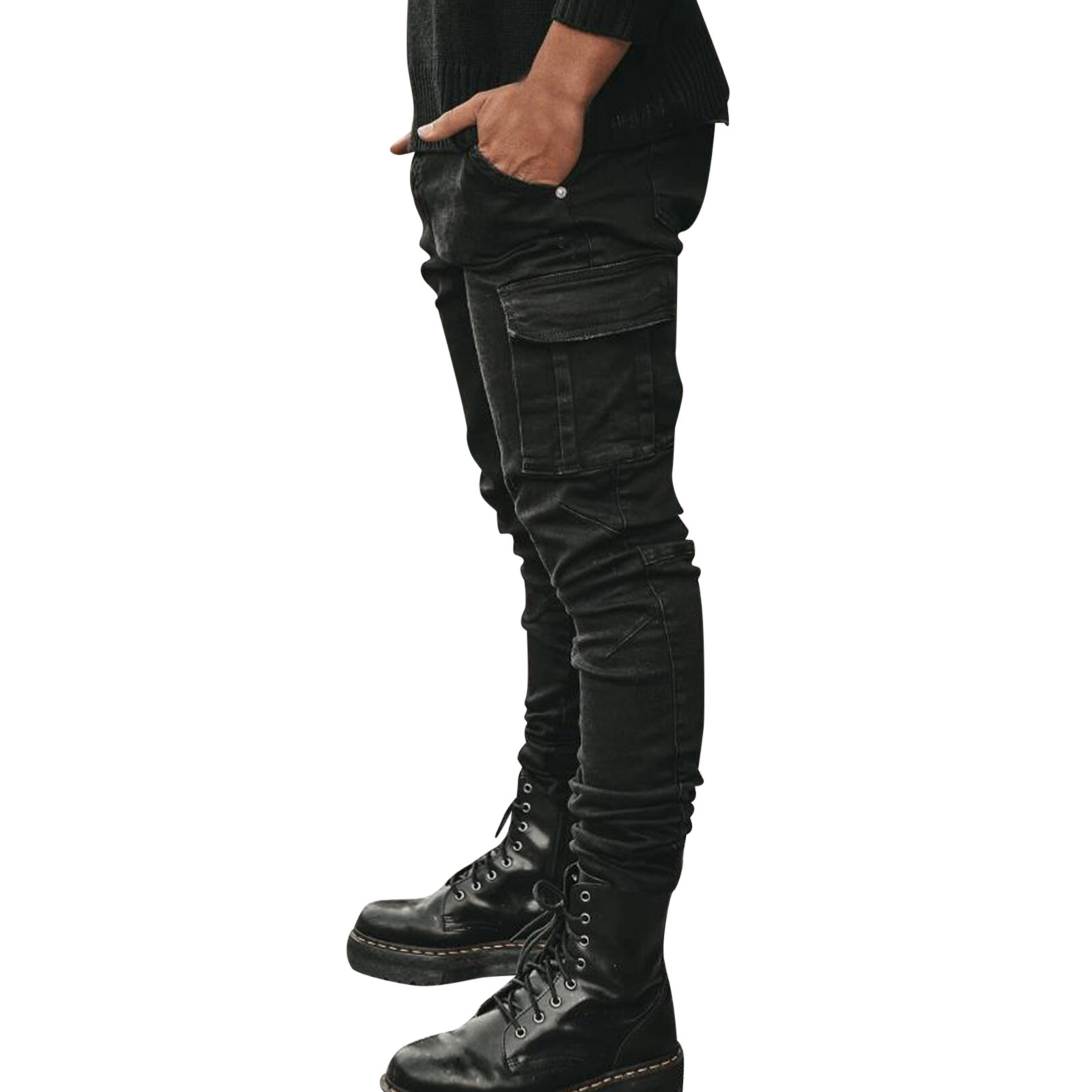 Large SIze Mens Soild Straight Hole Buckle Zipper Middle Waist Denim Long Pants