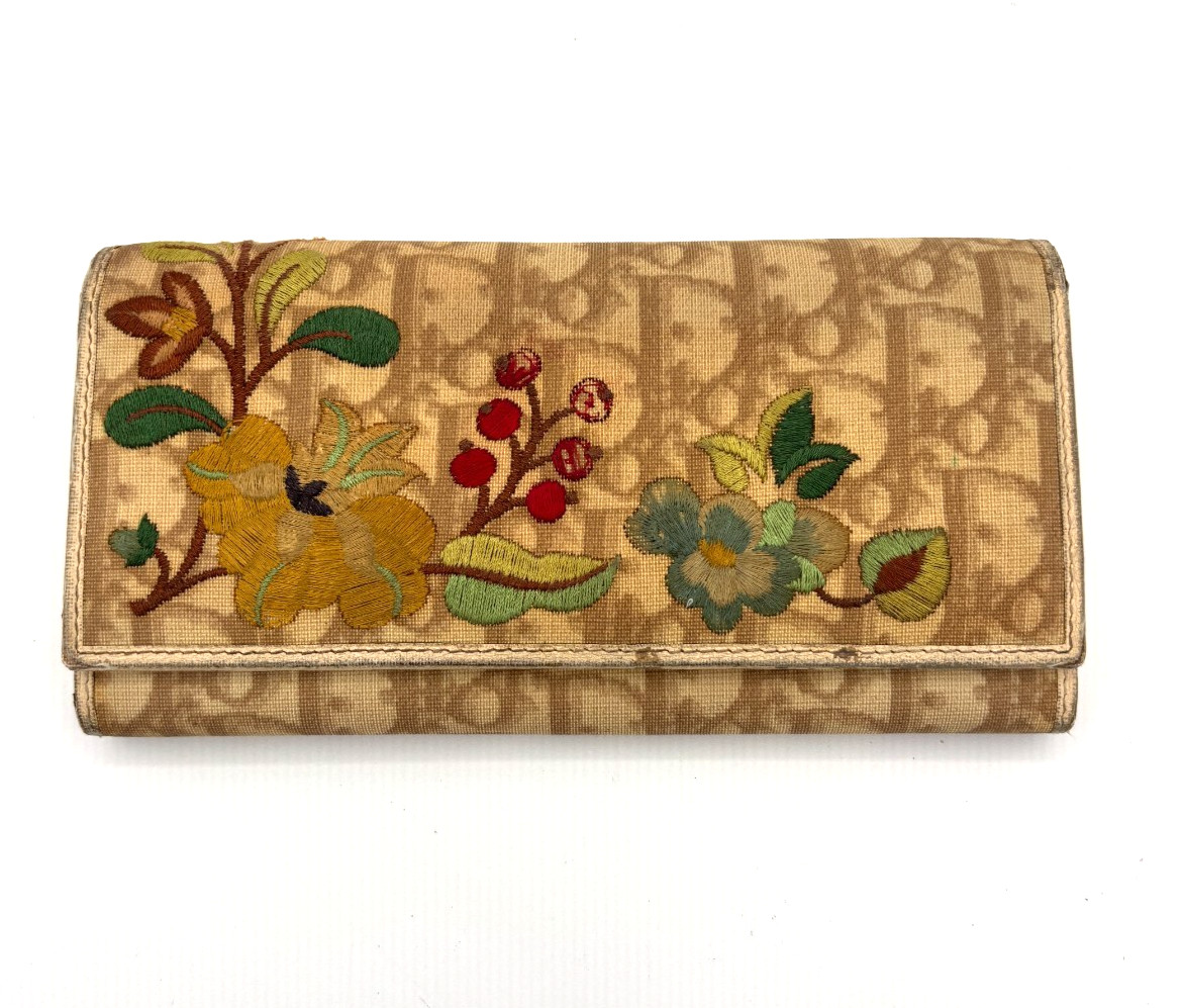 Christian Dior Trotter floral embroidery long wallet beige 0102