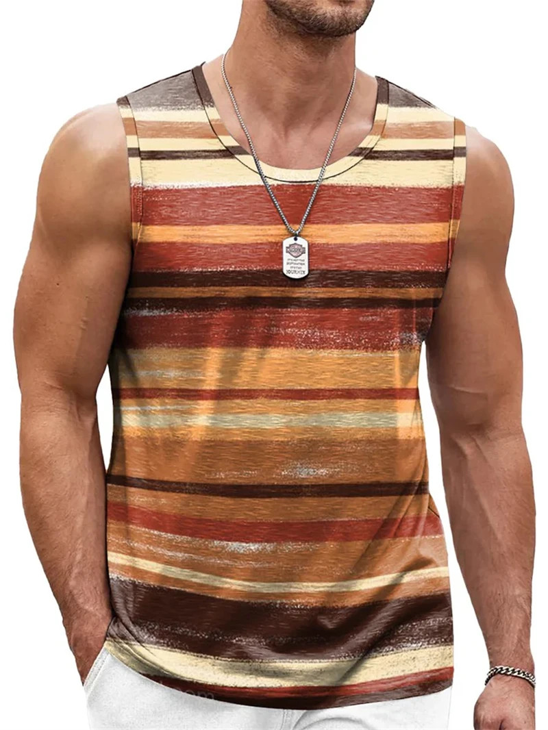 Retro Striped 3D Graphic Tank Top for Men – Sleeveless Quick-Dry Summer Vest