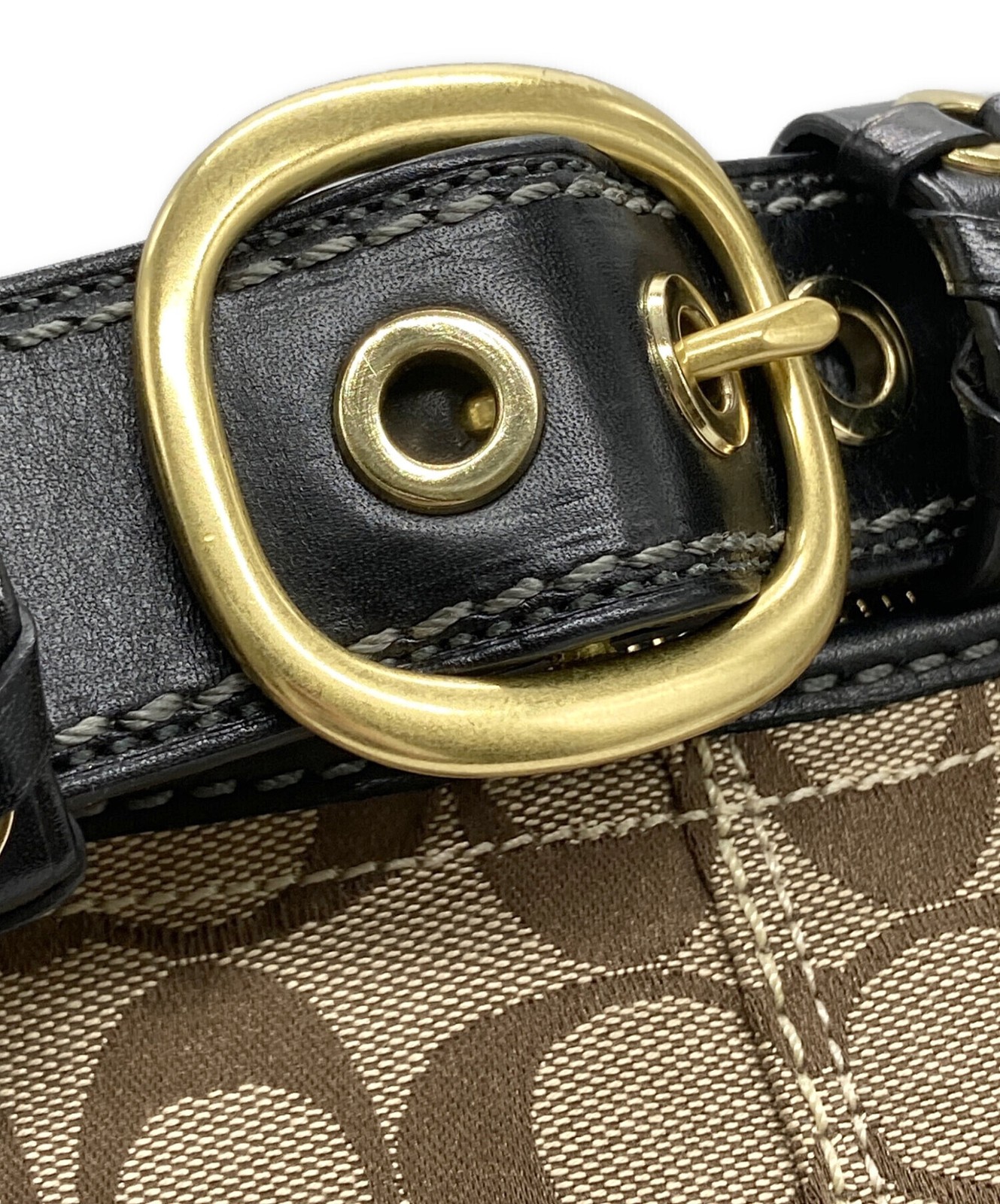 Coach Signature Beige Canvas Leather ShoulderBag Handbag Logo Gold Hardware Auth