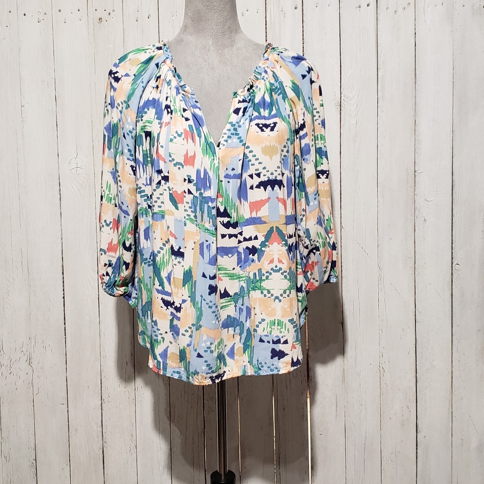 Beach Lunch Lounge Abstract Boho Peasant Top Split Neck Ruffle Festival Indie S
