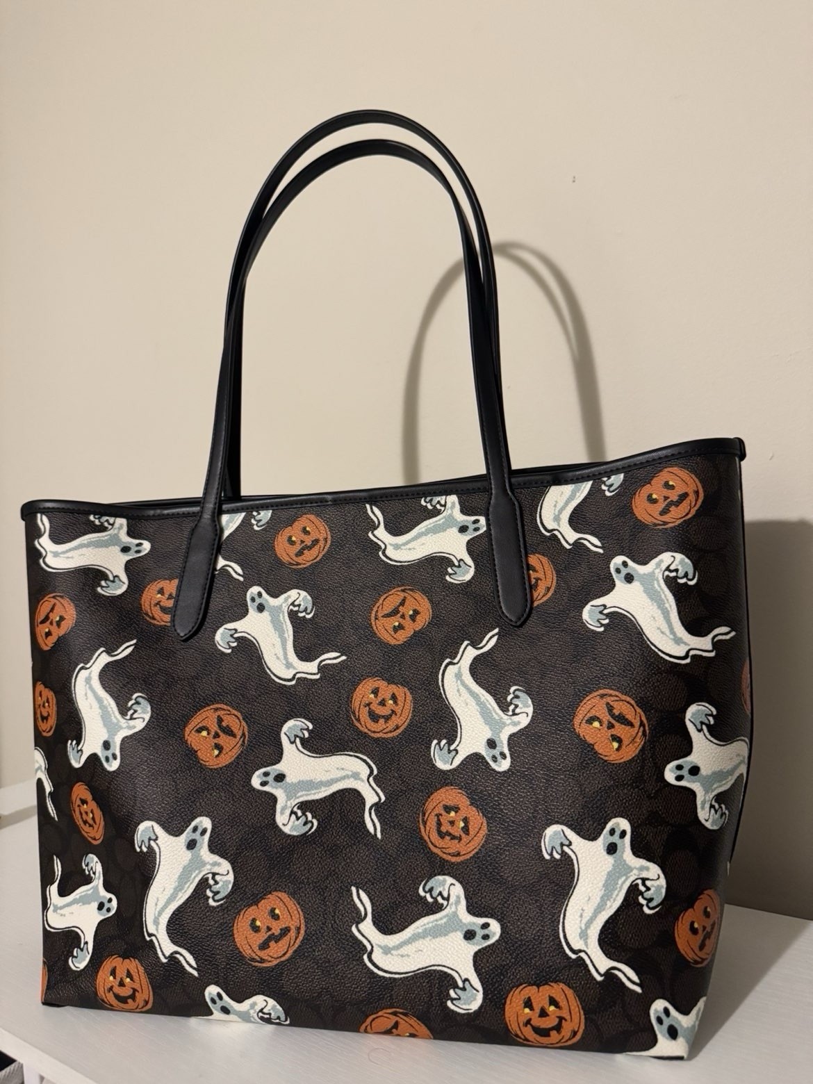 Coach Halloween Ghost & Pumpkin Print Large Tote, Black, Logo Charm, Open Top