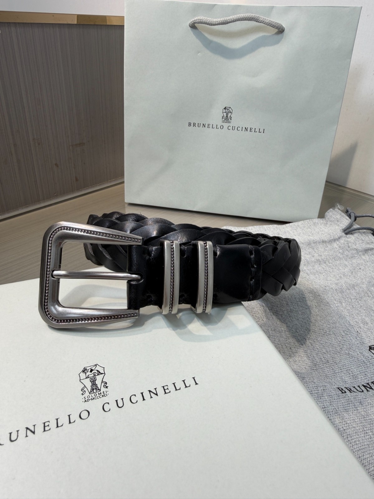 BRUNELLO CUCINELLI Black Leather Braided Gold Buckle Belt Size 95
