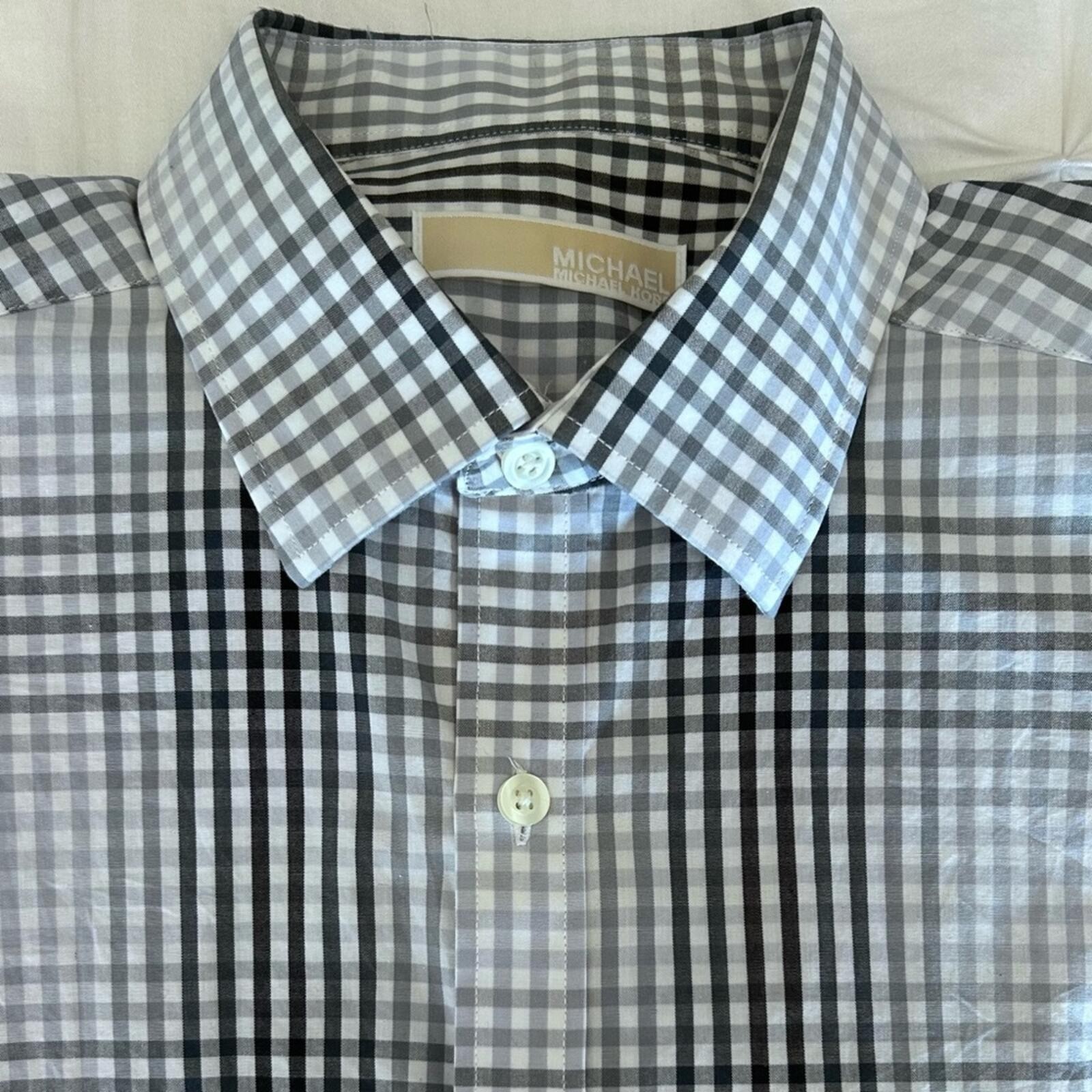 Michae Kors Men’s Slim Fit Button Up Plaid Dress Shirt in Granite 16.5 34/35