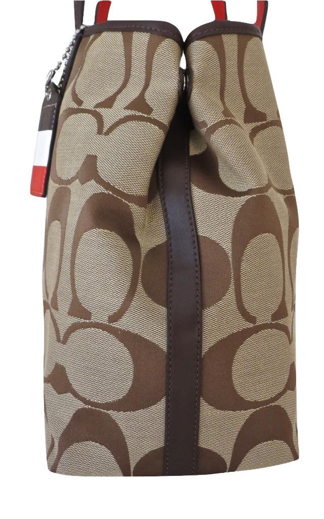 New NWT Coach Hamptons Khaki Vermillion Signature Stripe Tote Purse 19999 RARE