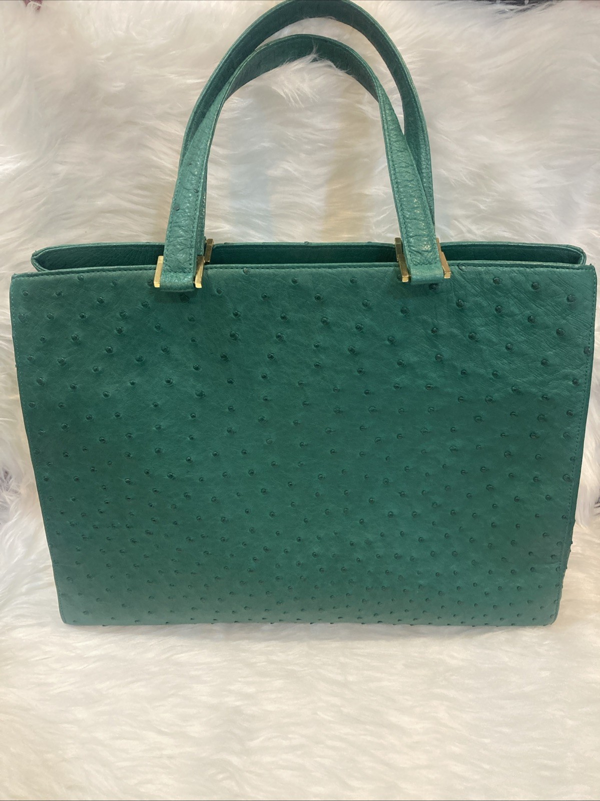 Genuine Ostrich Leather Green Handbag Tote Bag 39cm Vintage Japan