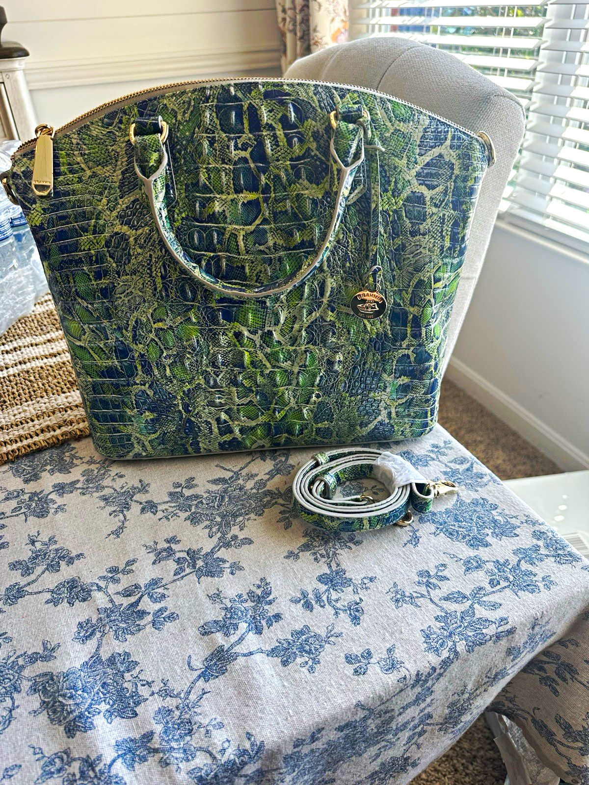Brahmin Green Blue Snake Embossed Large Satchel Zip Double Handles Strap