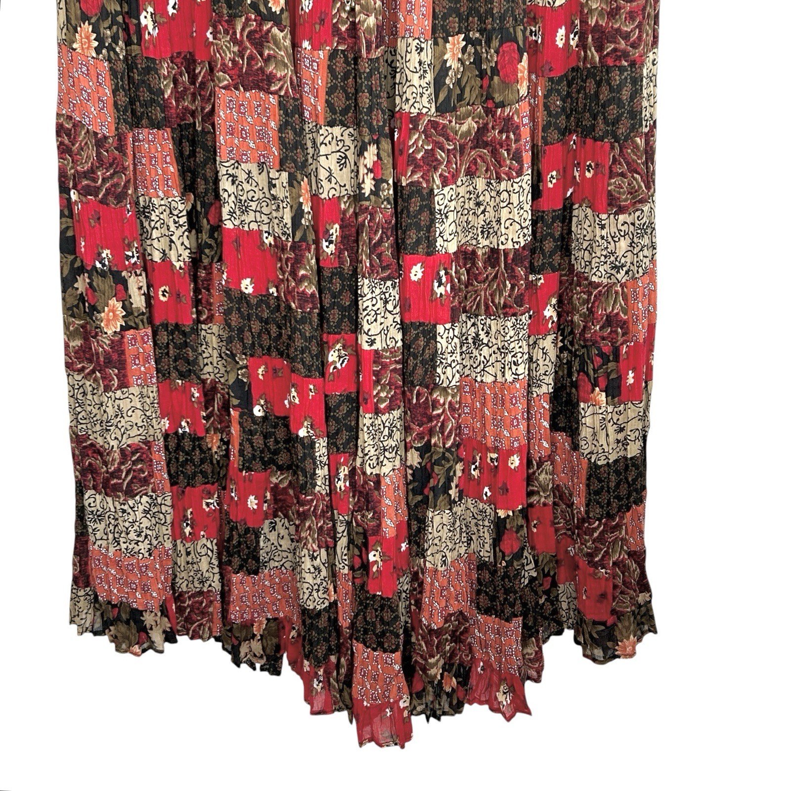 VTG Silver Stream Boho Patchwork Maxi Skirt O/S Festival Indie Sheer Floral Red