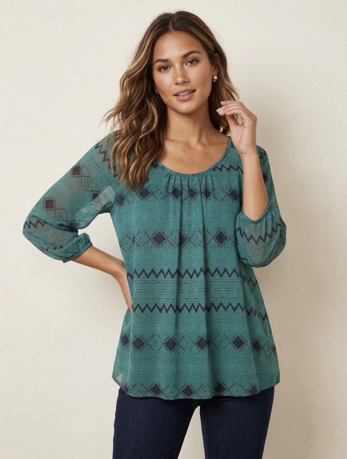 Soprano Women’s M Green/Black Geometric Scoop Neck 3/4 Sheer Mesh Yoke Blouse