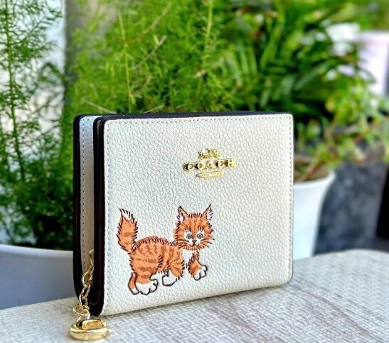 Coach Snap Wallet & Card Holder with Dancing Kitten Cat White Outlet New Japan