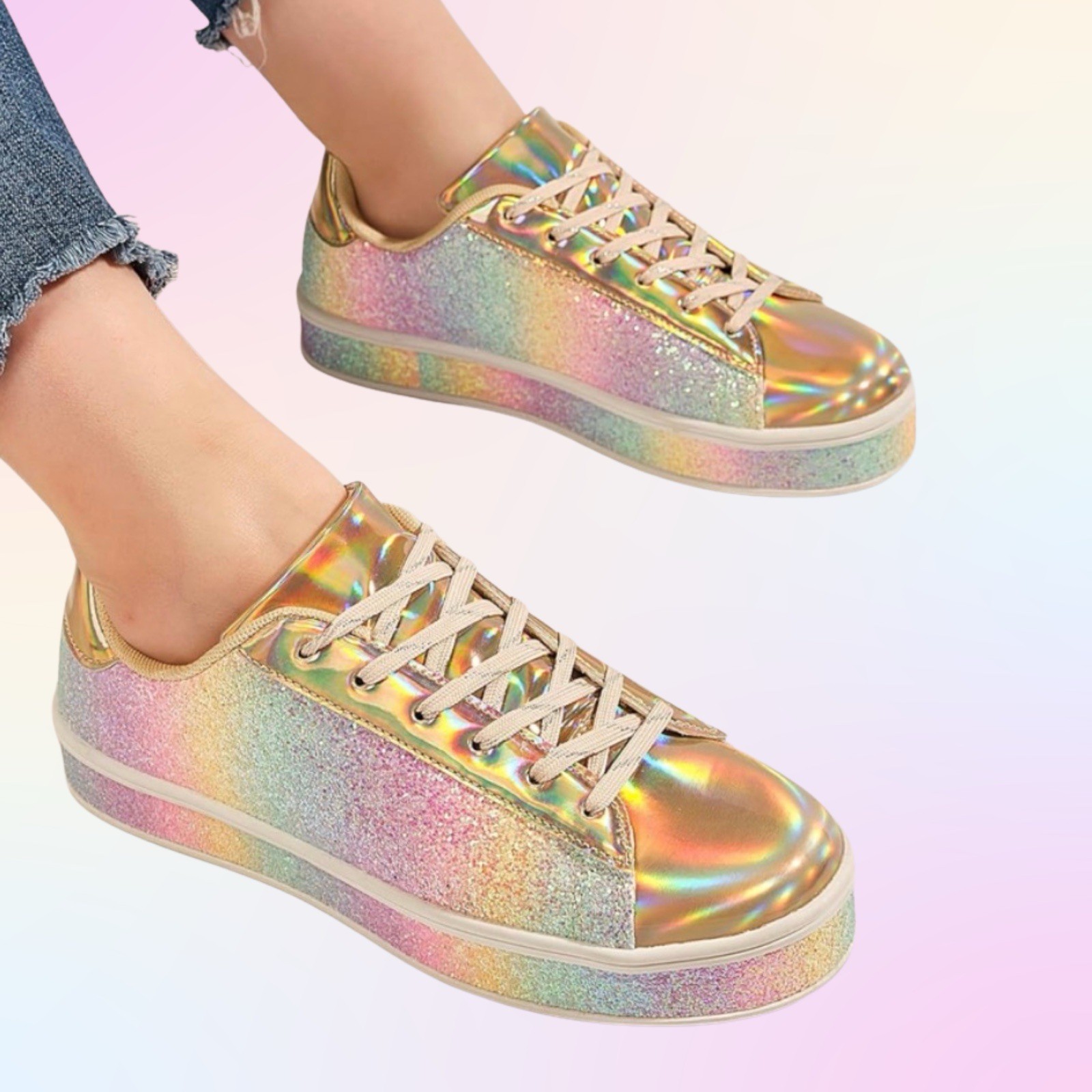 UUBARIS Rainbow Glitter Platform Sneakers Women’s Size 6 New No Box Bling
