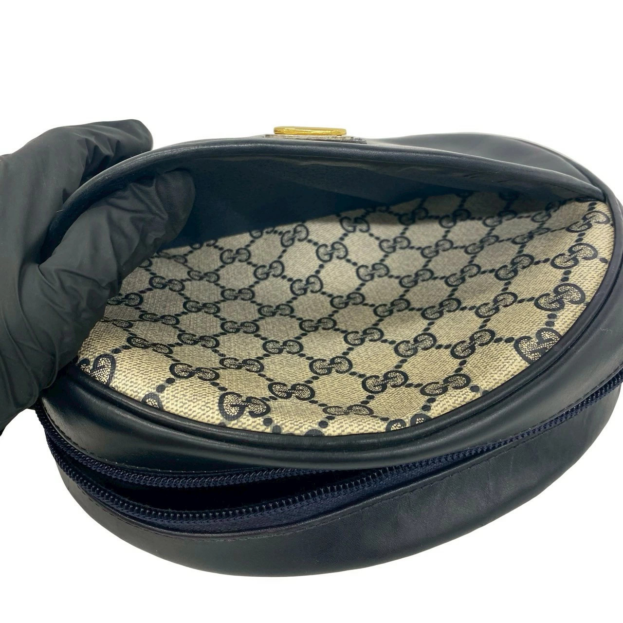 GUCCI Vintage Old Gucci GG Logo Pattern Hardware Leather Shoulder Bag Navy