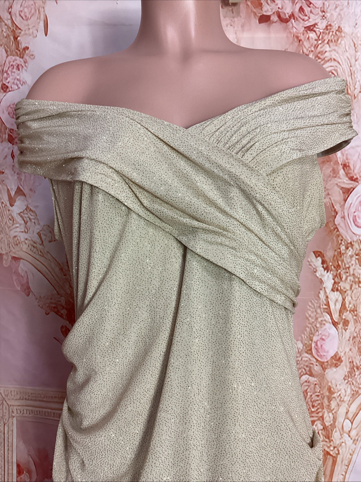Candalite Champagne Sparkly Metallic Off Shoulder Cruise Prom Formal Gown L