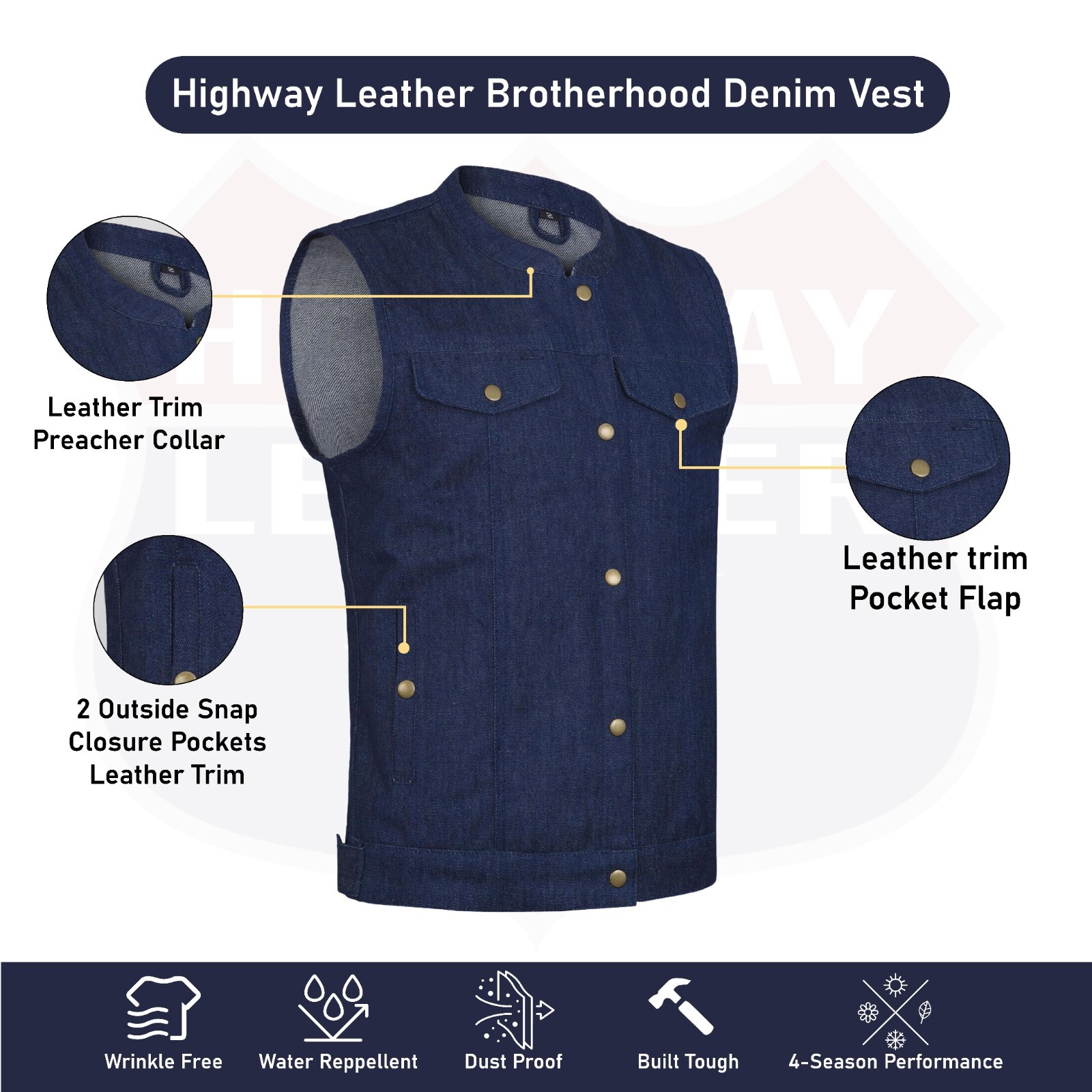 Biker Denim Blue Club Style Anarchy Vest with Conceal Carry Gun Pocket HL21689BL