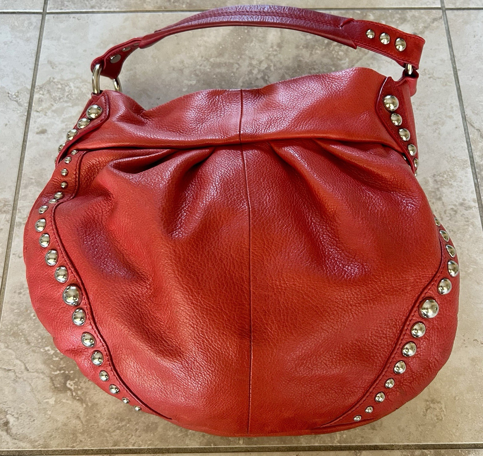 B. Makowsky Red Pebbled Studded Large Hobo Crescent Bag Detachable Strap