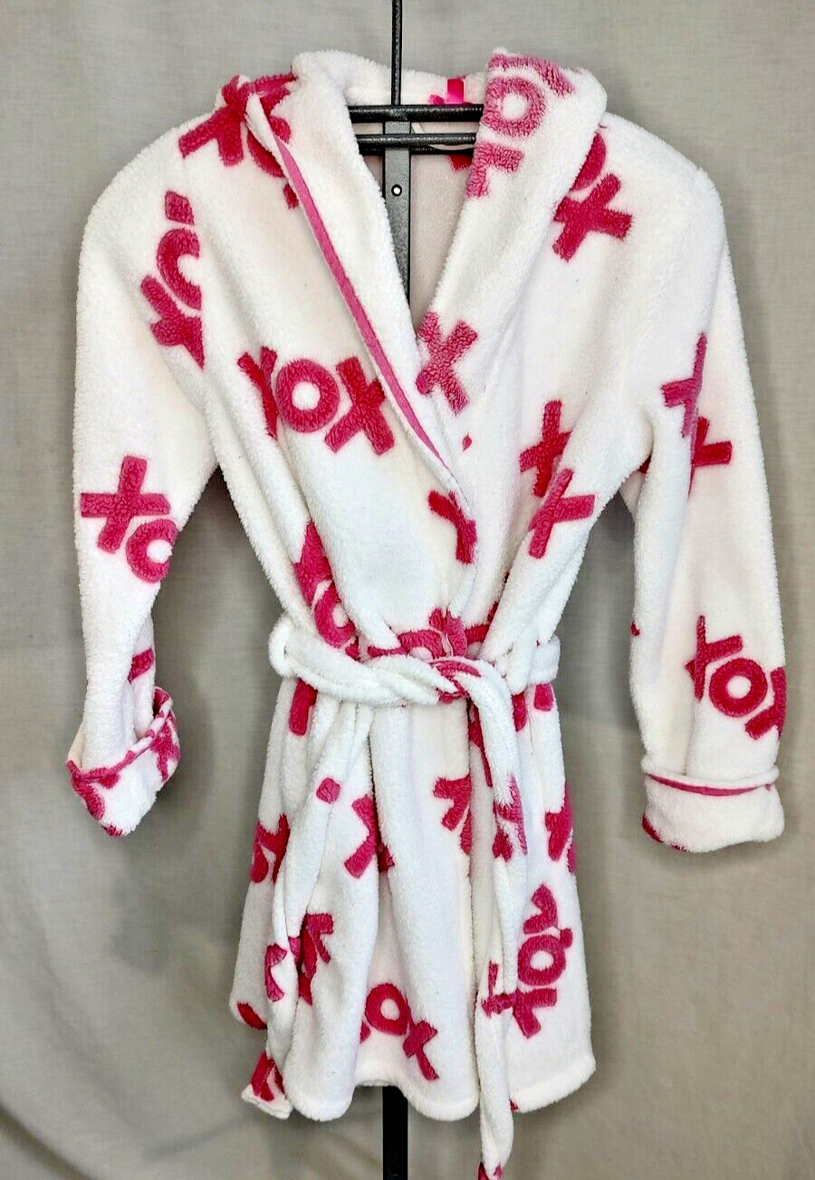 Betsey Johnson Robe XO Short Plush Medium Hood Pink White Hug Kiss Valentines