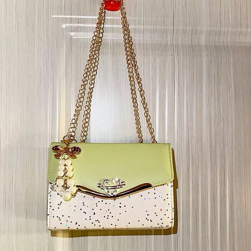 Women Green/White Speckled Glitter Crossbody Gold Chain Turn Lock