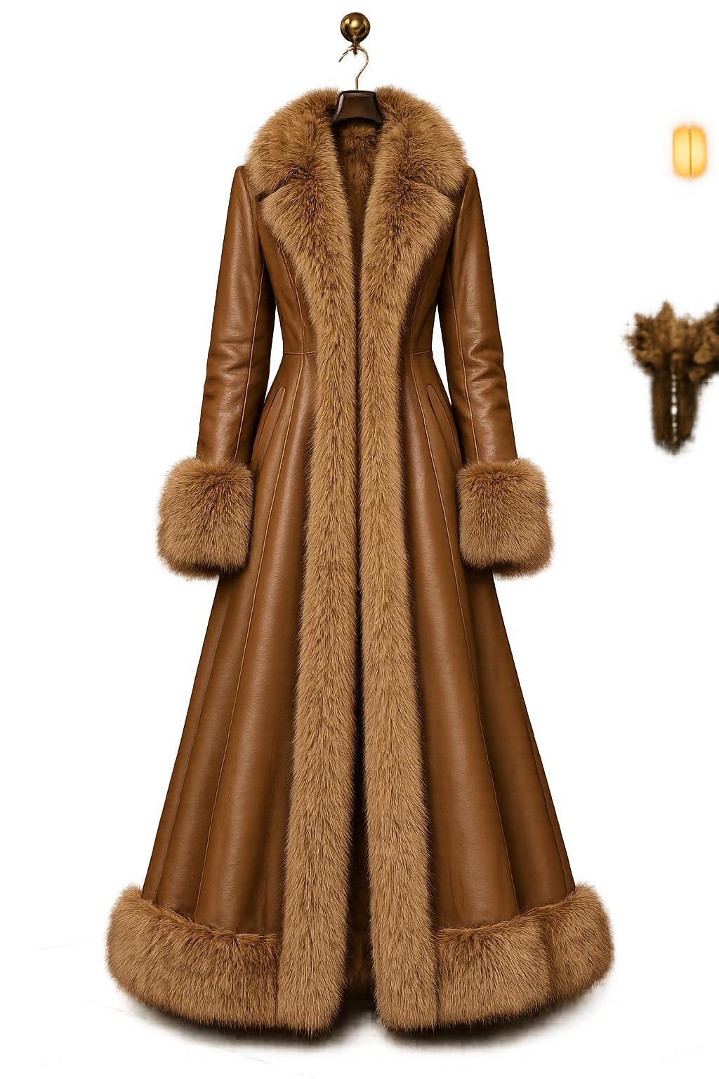 Womens Brown Leather Long Coat – Faux Fur Winter – Collar Trim Designer Overcoat