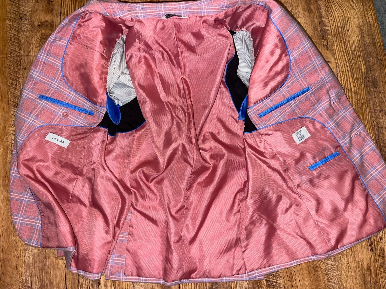Men’s Lineage Pink Blue Plaid Polyester Blend Blazer Suit Sz 42S Pants 35×29