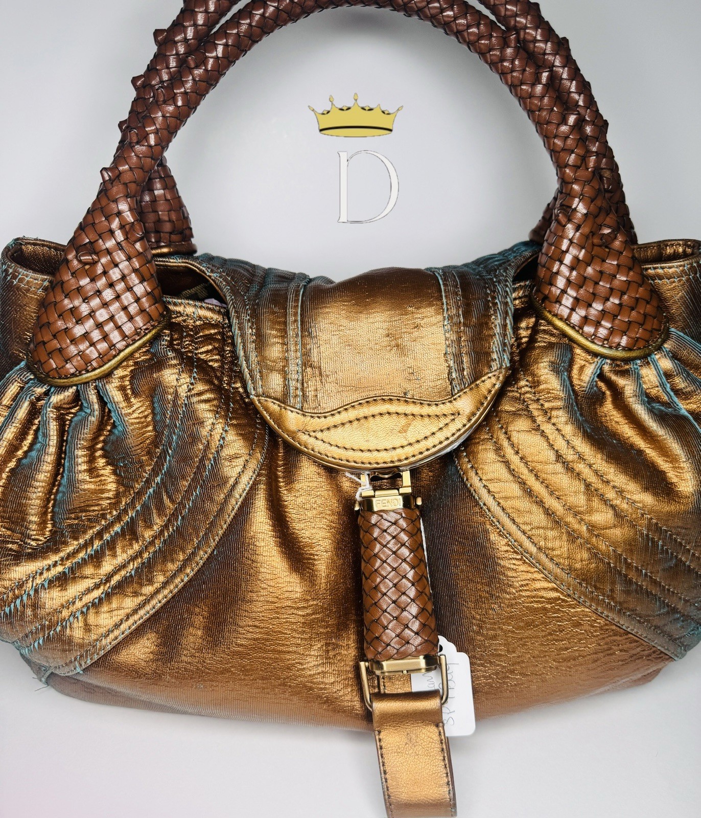 Fendi Metallic Bronze Leather Spy Bag – Braided Handles, & FF Logo Interior
