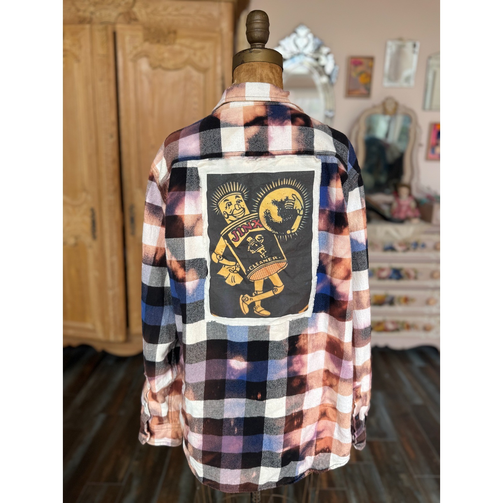 Distressed Upcycled Grunge Flannel Bleach Dye Jinx Patch Folk Art Shirt XL
