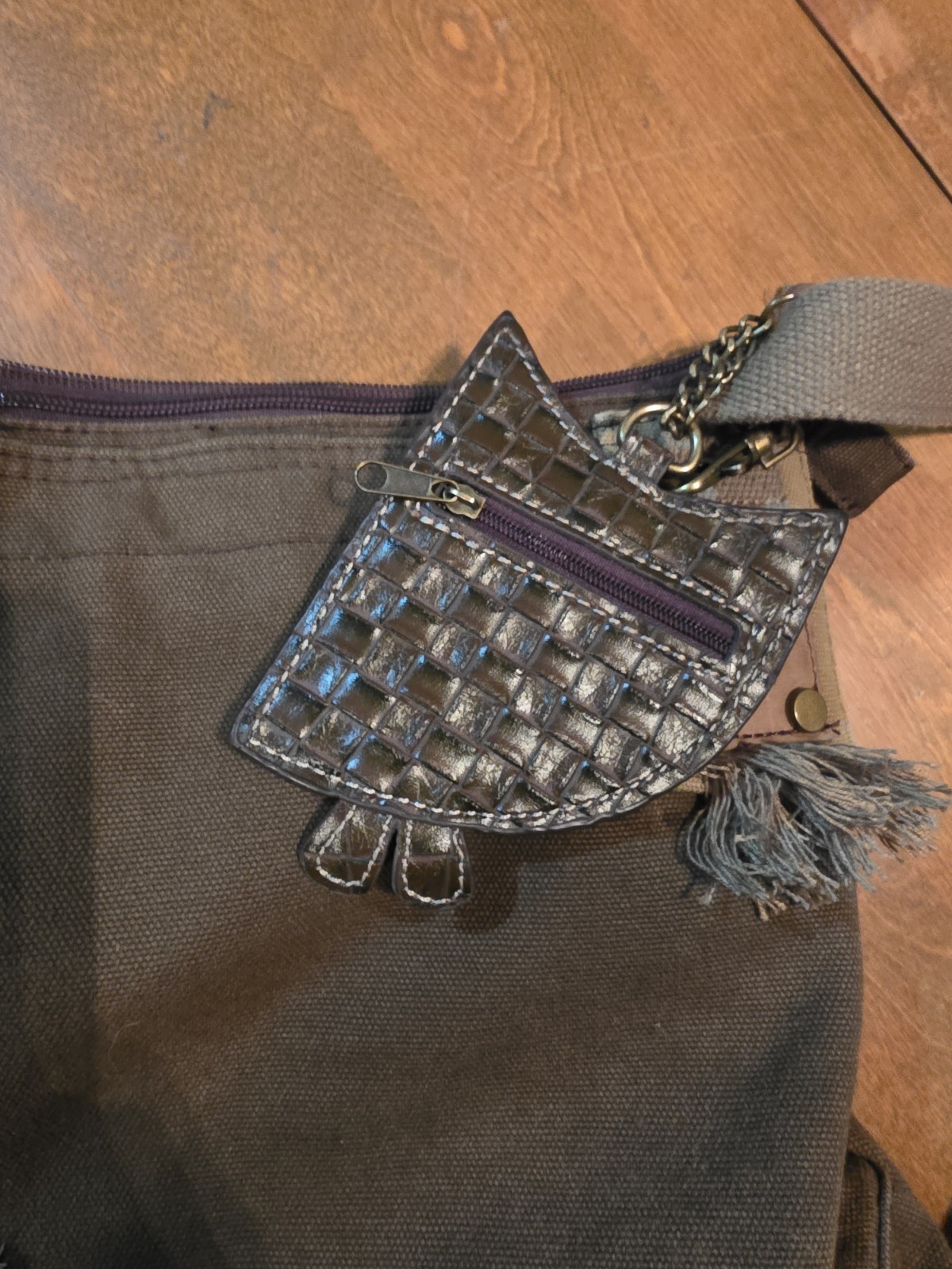 CHALA two toned brown canvas crossbody bag with adorable owl change purse