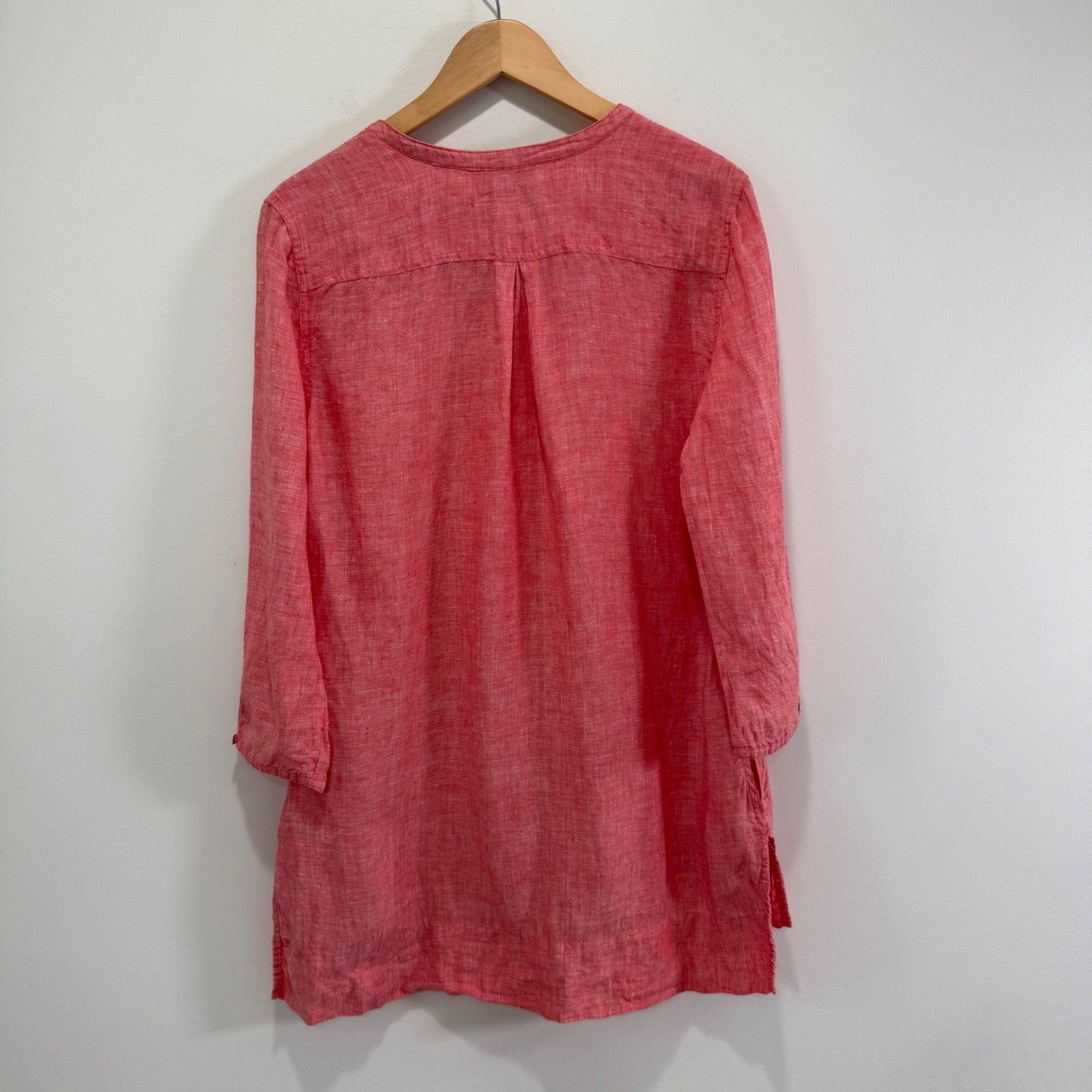 Willi Smith 100% Linen Button Up Tunic Top L Pockets Pink V-Neck Beachy Resort