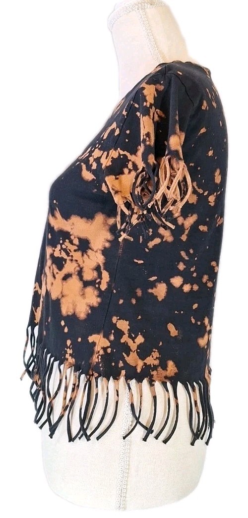 ON FIRE SzM Custom Reverse Bleach Tie-Dye Fringed Trim Casual Top Black & Brown