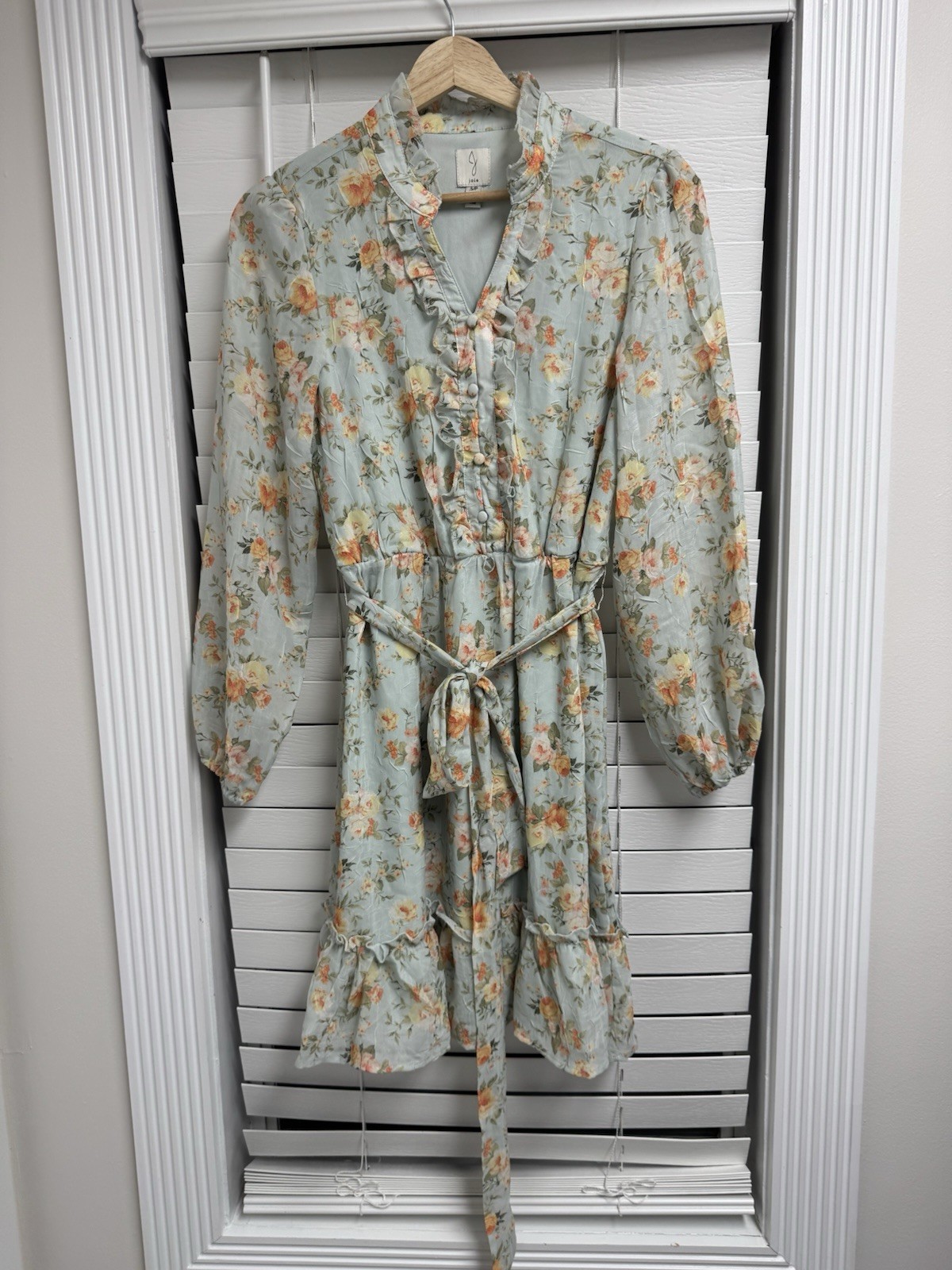 Joie Womens Green Floral V-Neck Long Sleeve Chiffon Ruffle Tie Mini Dress S
