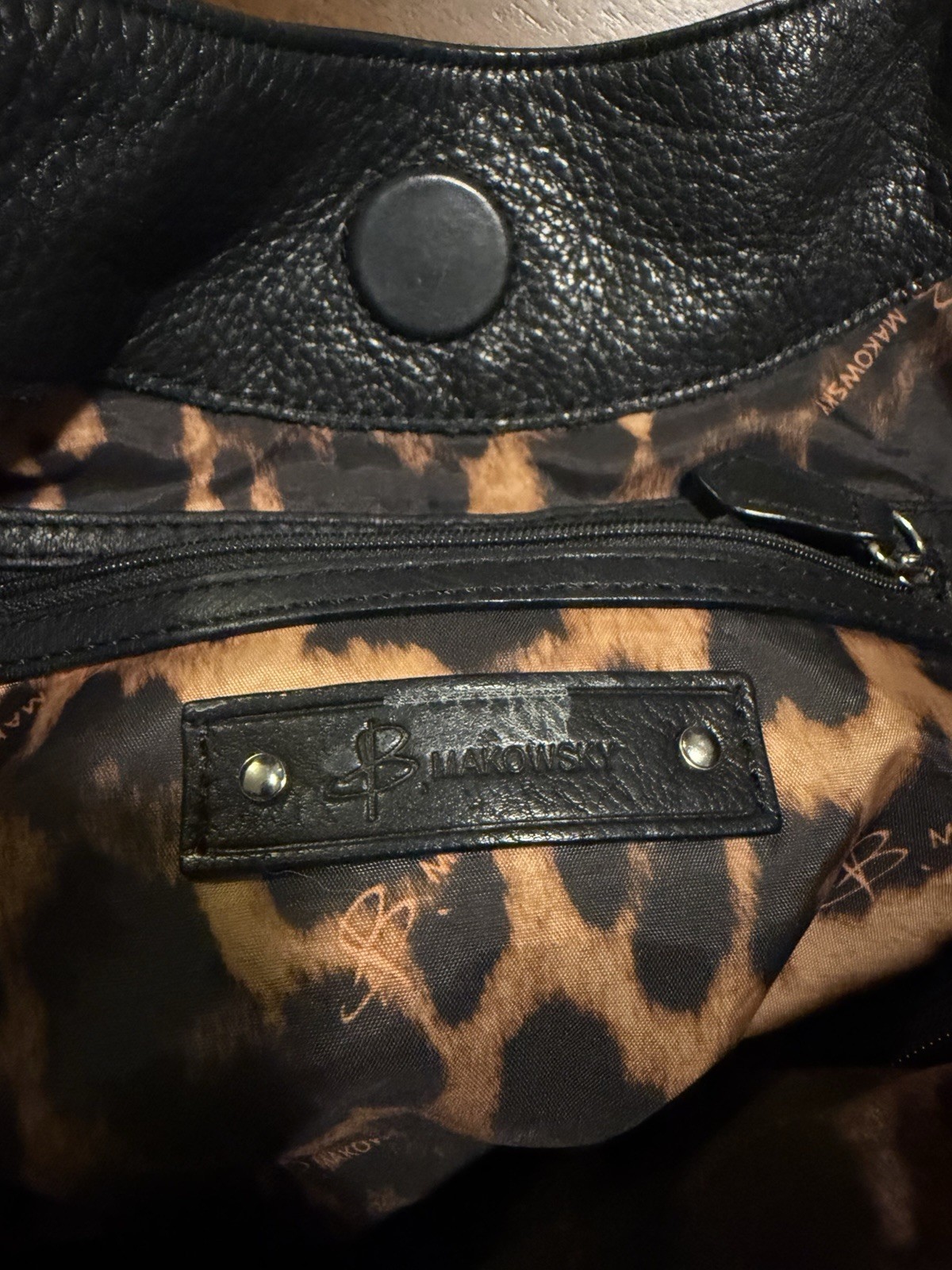 B. Makowsky Black Leather Hobo Bag With Silver Detail And Front Zipper Pouches