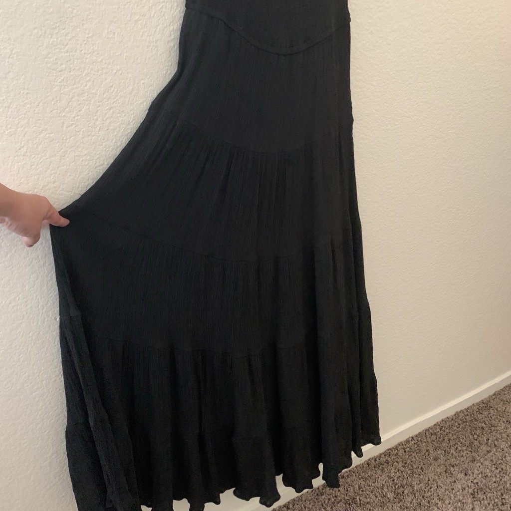 Black Smocked Maxi Dress Milkmaid Short Puff Sleeve Boho Tiered Long S