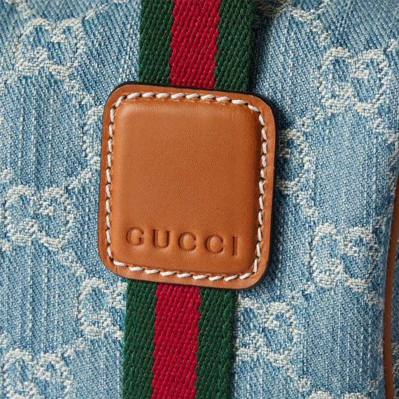 GUCCI Denim Boston Bag Handbag Mini Unisex Blue White 7.9 x 5.1 x 5.1 in