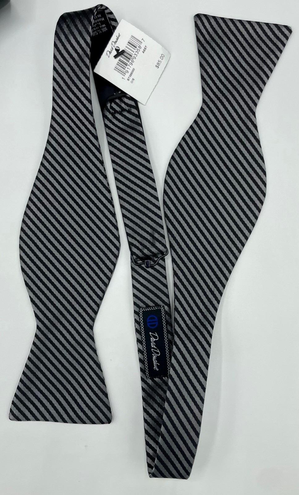 David Donahue Men’s Bow Tie ~ Silver & Black ~ Stripe ~ Formal Wear ~ MSRP: $85.