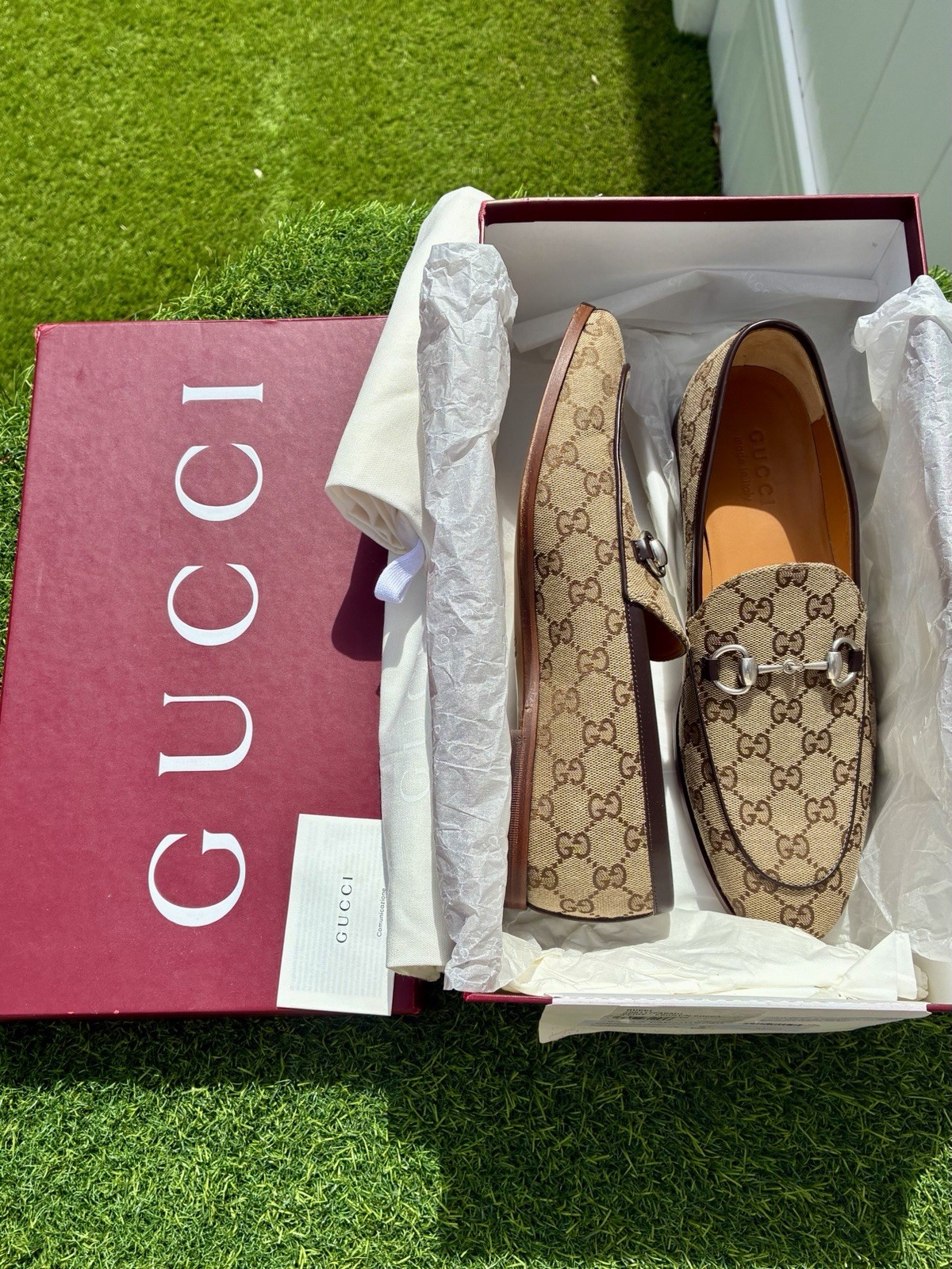 GUCCI CLASSIC BEIGE EBONY GG SUPREME MONOGRAM HORSEBIT JORDAAN LOAFERS G8.5 US9