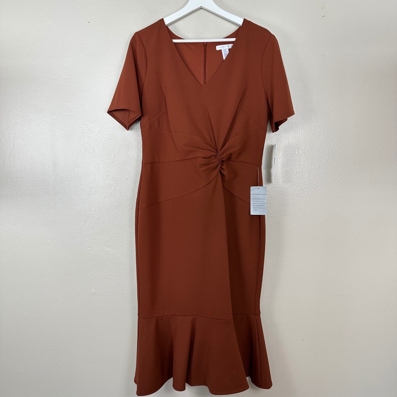 London Times Women’s 12 Sheath Dress Sequoia Rust Twist Front Ruffle T6064MKH