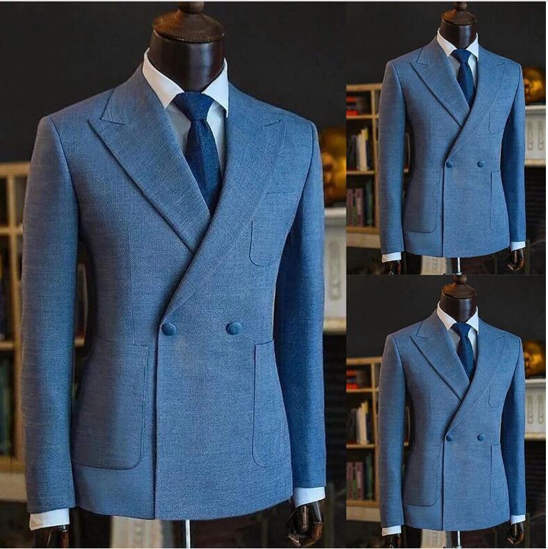 Light Blue DB Linen Wool Suit Peak Lapel Slim Custom Summer Wedding Blazer