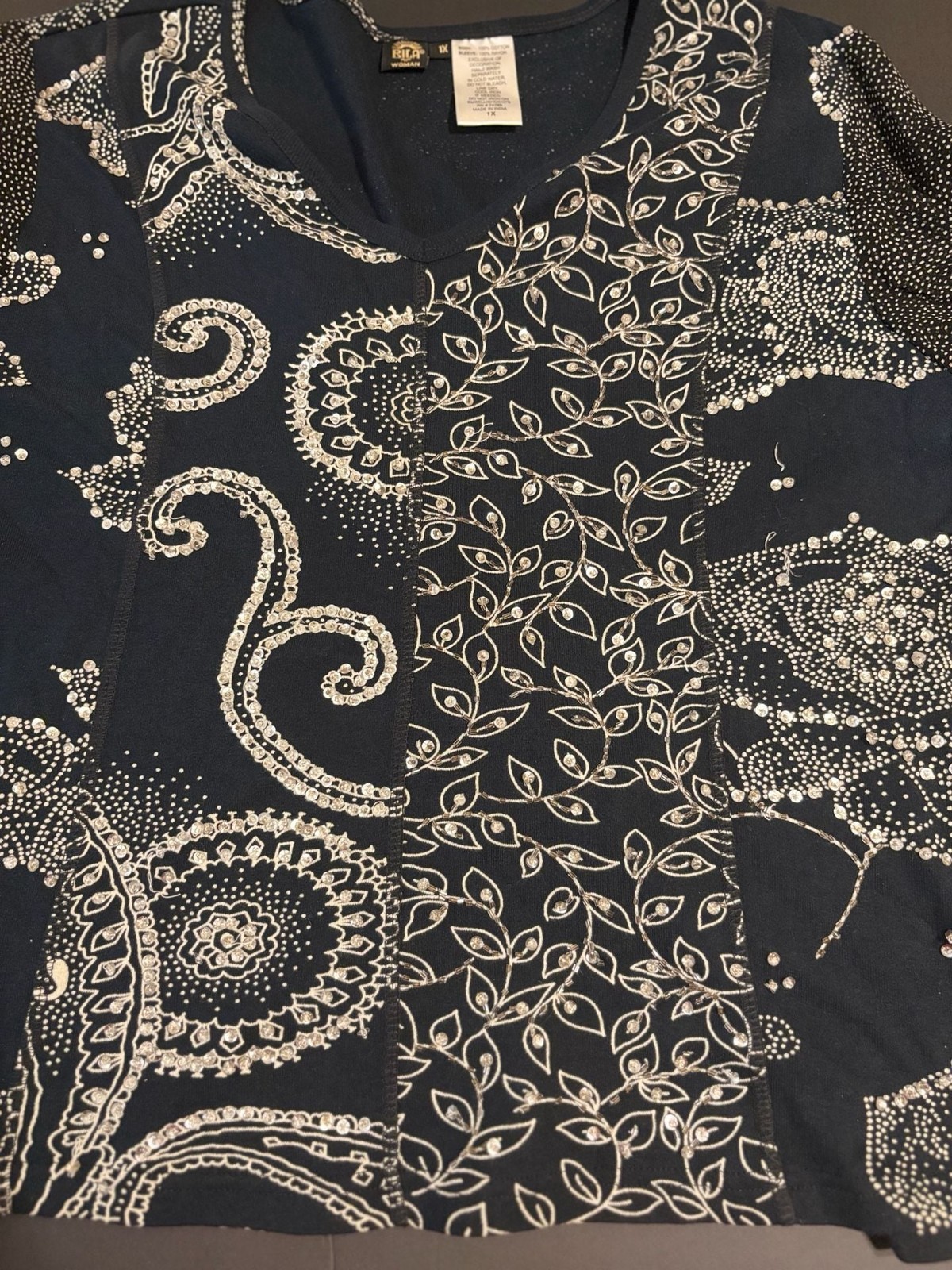 Bila Woman’s Black Navy Blue Sequin Embellished Paisley Floral V-Neck Top
