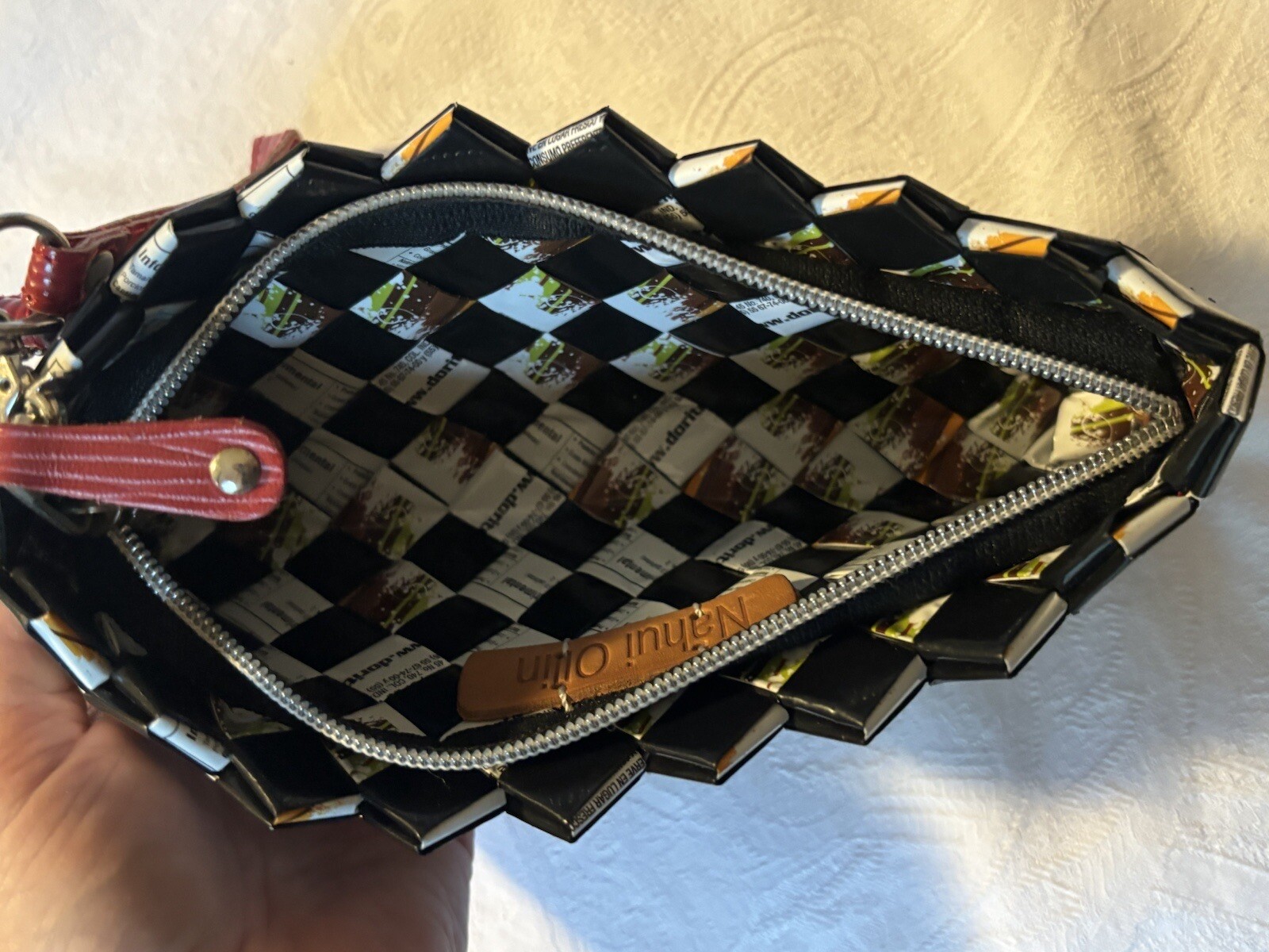 Nahui Ollin Black And White Candy Wrapper Zipper Closure Clutch Purse Bag