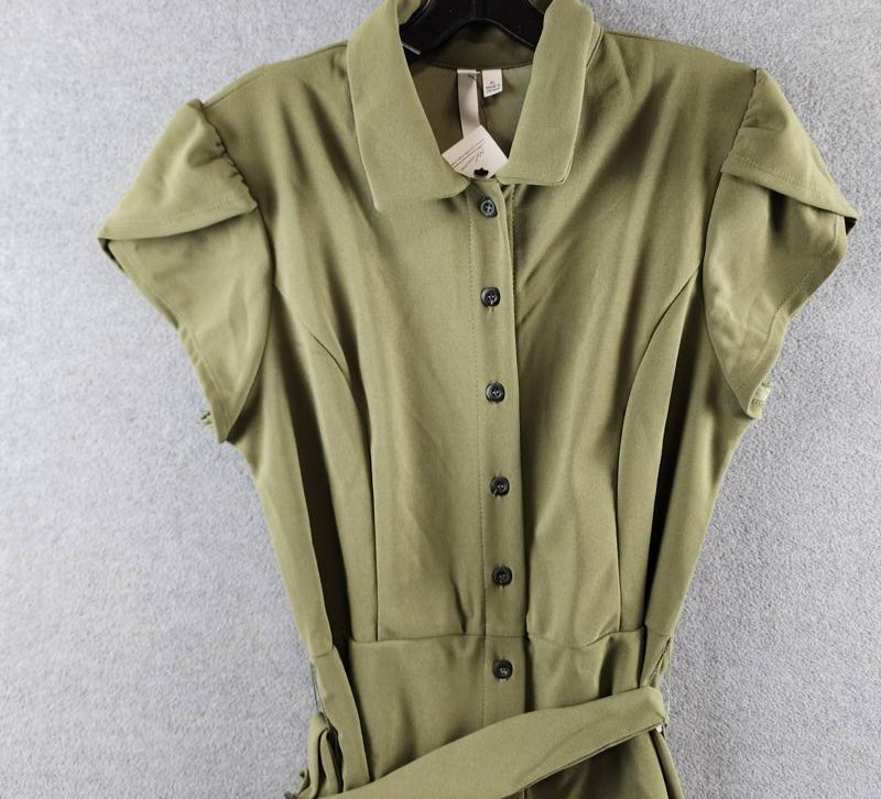 NY Collection Plus Size Midi Petal Sleeve Dress Women’s PL Olive Button Closure