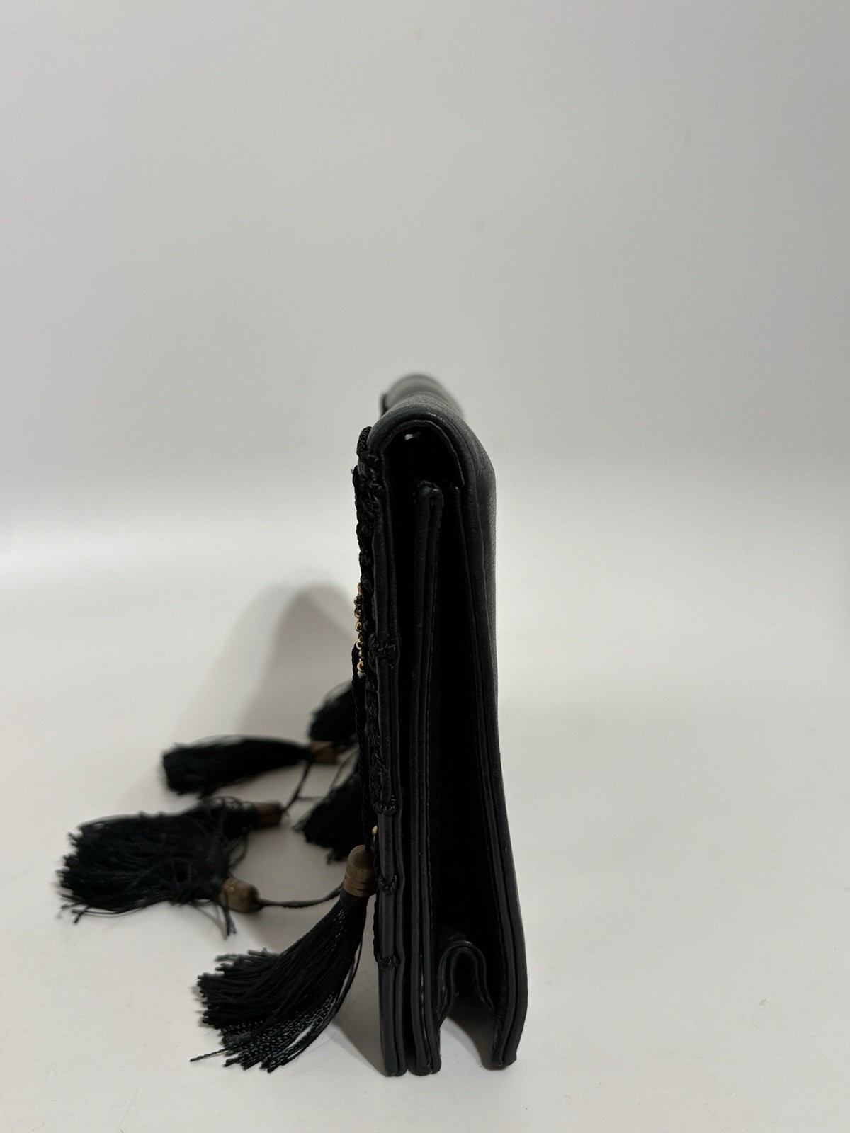 Vtg Gianni Versace 80s Black Leather Tassel Clutch Bag