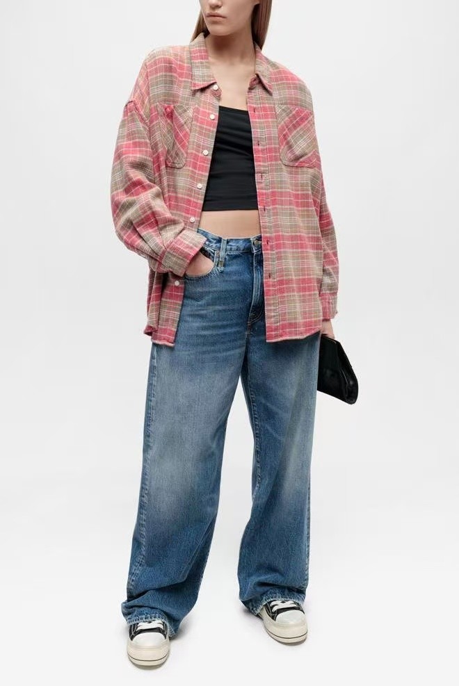 R13 DROP NECK WORKSHIRT in Pink Teal Plaid Size S