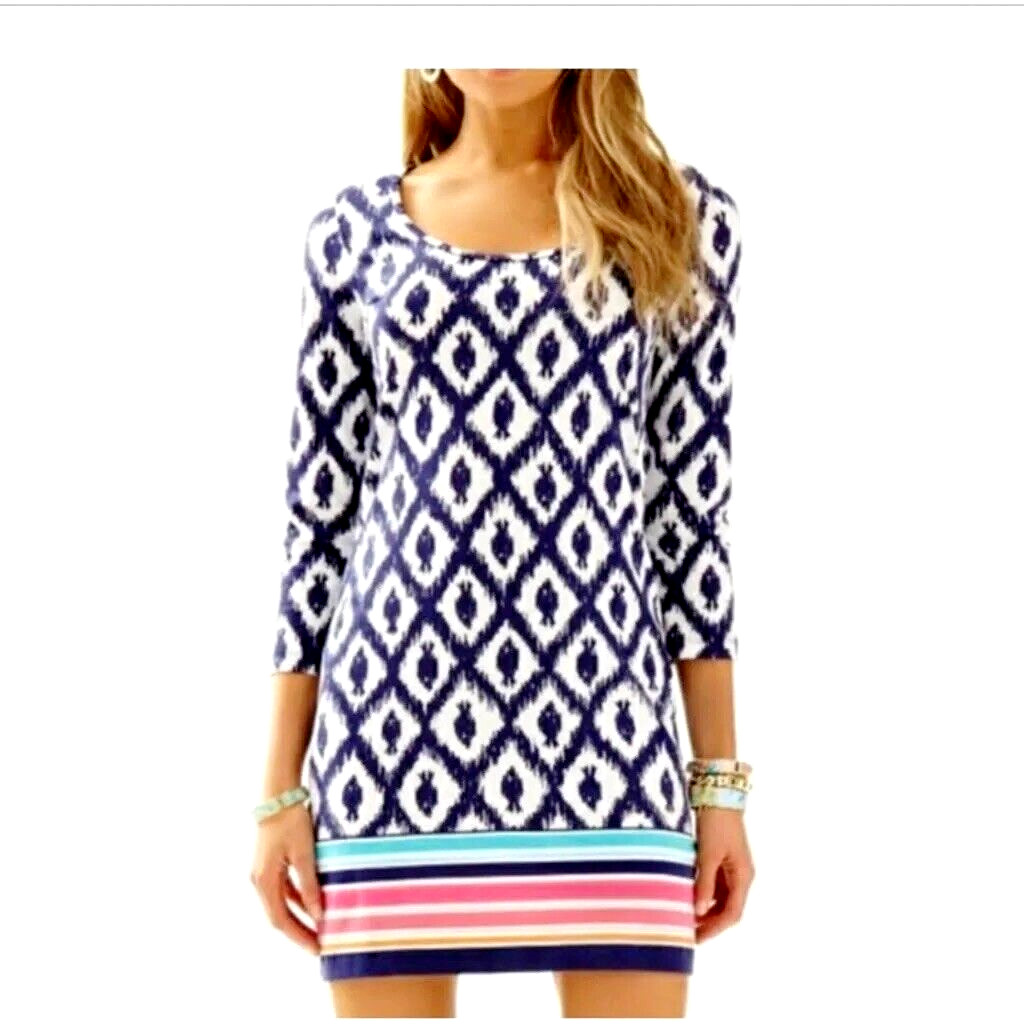 Lilly Pulitzer Beacon T-Shirt Dress Navy Little Fish Engineered XS 00 0 2 Stripe