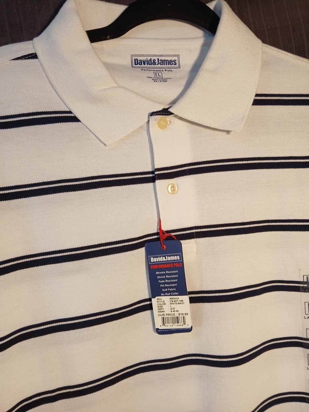 Two Mens PERFORMANCE POLO David & James B&W/W&B Striped Sz Lg