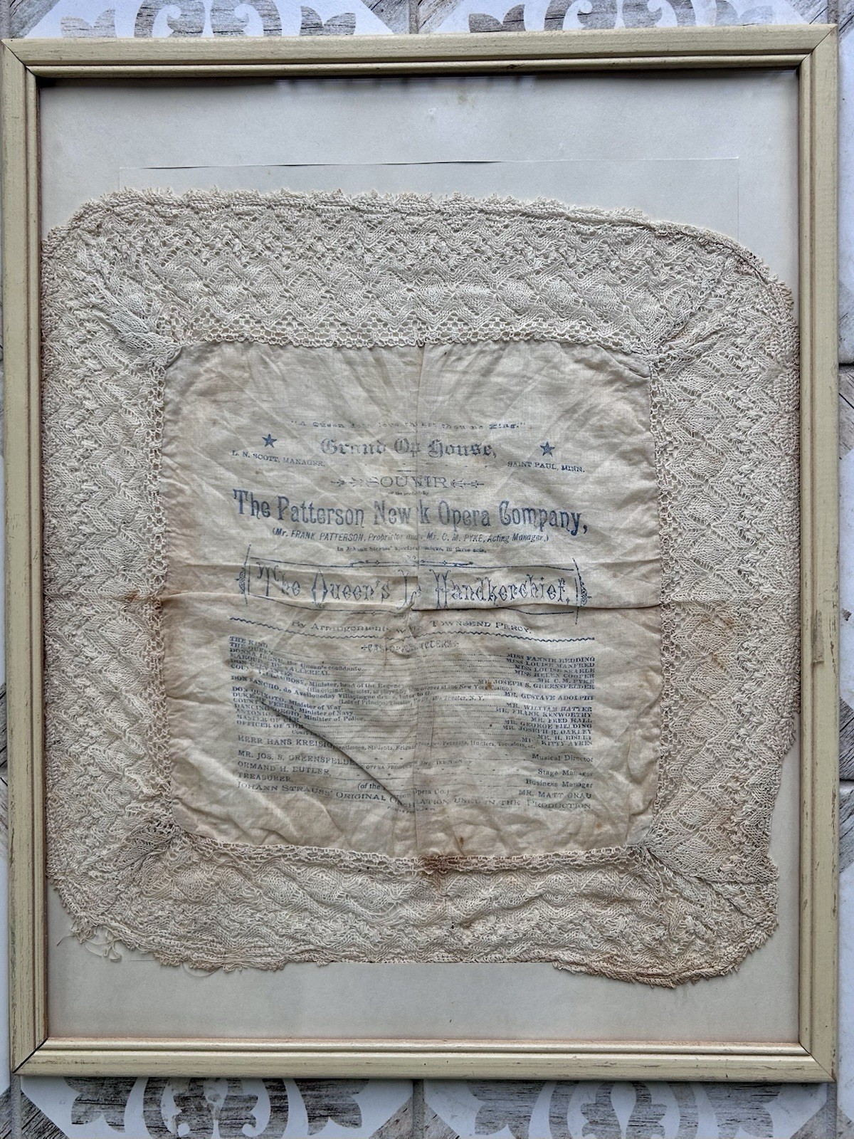 Antique Framed 1800s Grand Opera House Souvenir Handkerchief Lace Collectors Ite