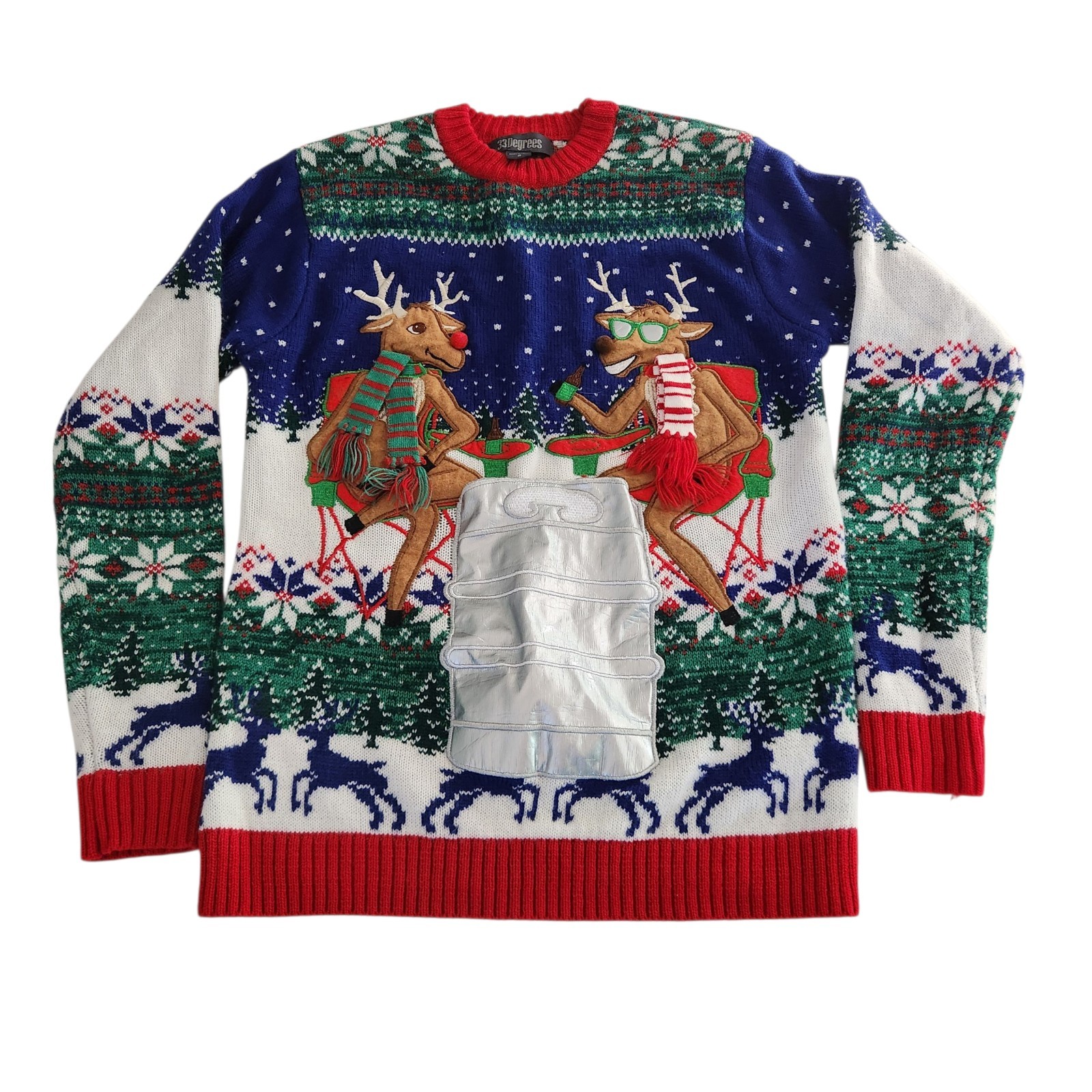 Ugly Christmas Sweater 33 Degrees Holiday Reindeer Beer Bottle Pocket Sz S